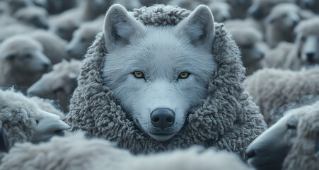 Extreme close-up of a white wolf in sheep or lamb costume looking at camera in a flock of sheep. Concept of disguise to deceive, defraud, cunning predator in search of his favorite prey. Generative Ai