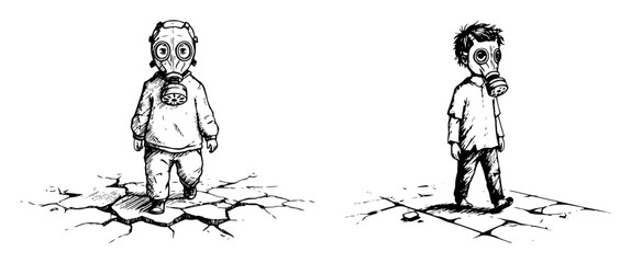 children wearing gas masks on cracked ground