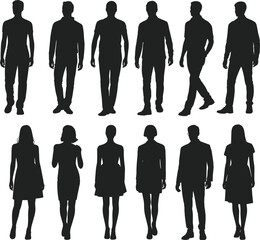 Silhouettes of Walking People – Male and Female Figures in Casual Outfits for Urban Lifestyle, Crowd, and Pedestrian Concept Design