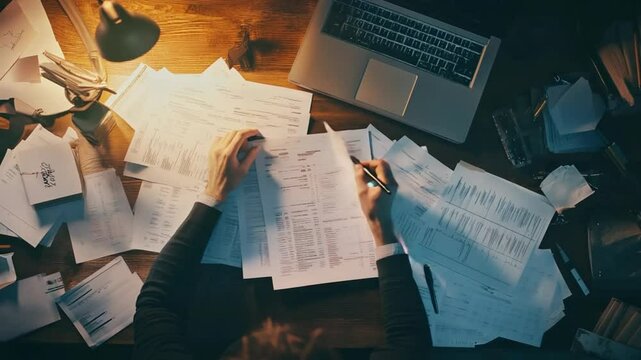 Overhead shot of a person working at a messy desk with paperwork and a laptop