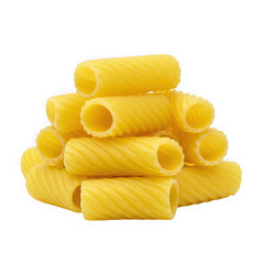 Pile of rigatoni pasta tubes on transparent background