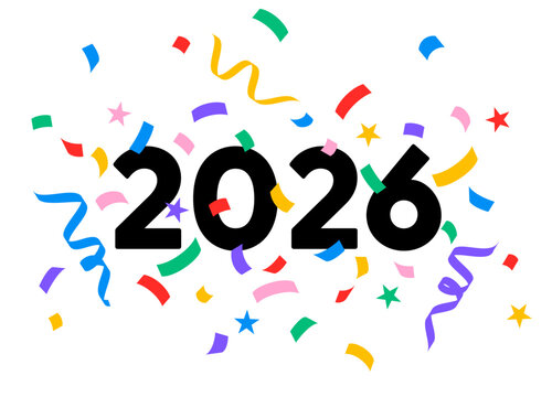 2026 confetti number isolated, New Year party colorful logo