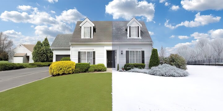 split photo with house divided in half--on the left is a summer with manicured landscaping. On the right is winter with snow