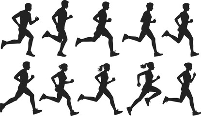 Running Silhouettes of Men and Women – Vector Illustration of Runners in Motion for Fitness, Sports, and Athletic Training Design