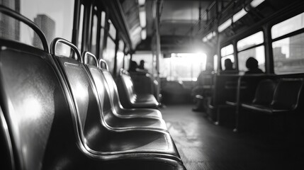 minimalistic scene on city bus with empty seats in foreground inviting contemplation and offering ample copy space