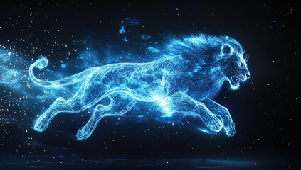 Majestic blue energy lion running in the dark cosmos