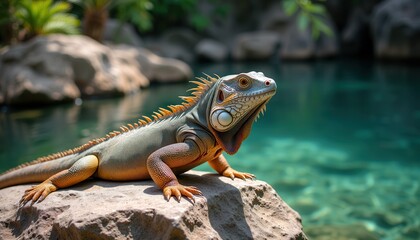 Obraz premium Iguana basking serene tropical pool