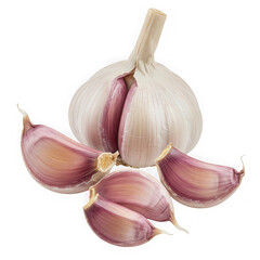 Garlic bulb and cloves close up on transparent background