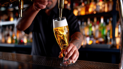 Bartender pouring beer into glass in bar with blurred background