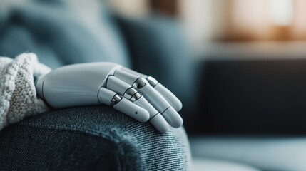 A close-up view of a robotic hand resting on a couch, symbolizing the intersection of technology and daily life, inviting reflection on human-robot interactions in modern society.