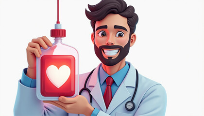 smiling medical professional holding a blood donation bag with a glowing heart