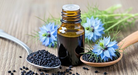 Glass Bottle Black Cumin Seeds Essential Oil Nigella Sativa Spoon Wooden Background