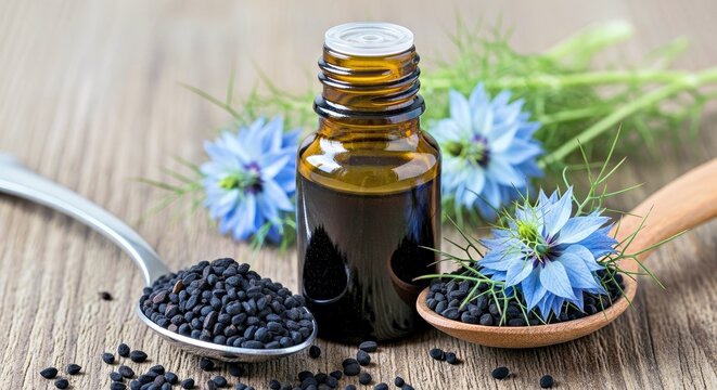 Glass Bottle Black Cumin Seeds Essential Oil Nigella Sativa Spoon Wooden Background