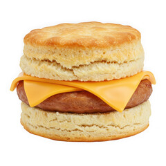 Sausage biscuit sandwich with cheese on transparent background
