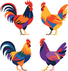 Four Roosters Abstract Colorful Chicken Illustration Modern Geometric Style