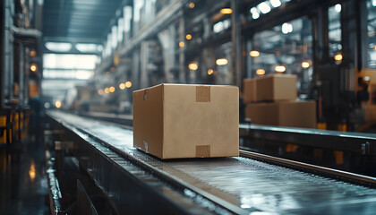 Cardboard box moving along a conveyor belt in a factory or warehouse setting.