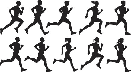 Silhouettes of Runners in Motion - Athletic Men and Women Running Side View Vector Set for Fitness and Sports Design