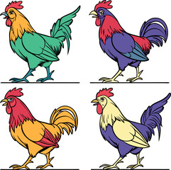 Four Roosters Abstract Colorful Chicken Illustration Modern Geometric Style