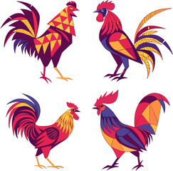 Four Roosters Abstract Colorful Chicken Illustration Modern Geometric Style