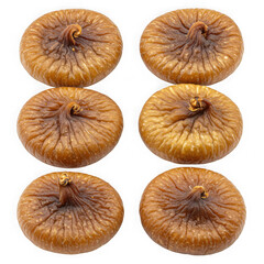 Six dried figs arranged neatly on transparent background