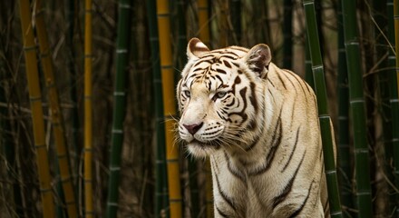 A majestic white tiger standing in front of a bamboo forest with a focused and intense gaze forward