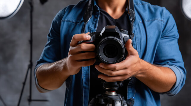 Photographer holding digital camera on tripod in studio - Powered by Adobe