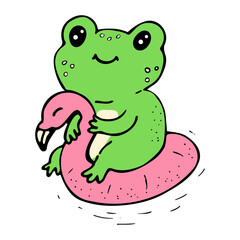 Cute cartoon frog on inflatable flamingo ring - happy summer water illustration for kids