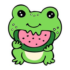 Cute kawaii green frog eating watermelon slice.  Funny cartoon animal character with summer fruit. Adorable illustration for kids, stickers, prints