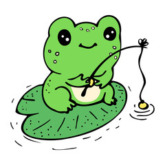 Cute cartoon frog fishing on lily pad - funny animal vector illustration for kids