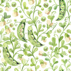 Cute Cartoon Green Pea Pattern on White Background