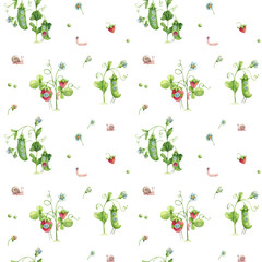 Cute Watercolor Kids Pattern with Green Peas, Strawberries, and Flowers for Home, Kids Textiles, and Packaging Paper