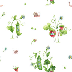 Cute Watercolor Kids Pattern with Green Peas, Strawberries, and Flowers