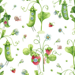 Cute Cartoon Watercolor Pattern with Green Peas, Strawberry and Flowers for Kids textile