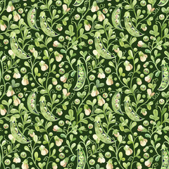 Cute Cartoon Green Pea Pattern on Dark Green Background
