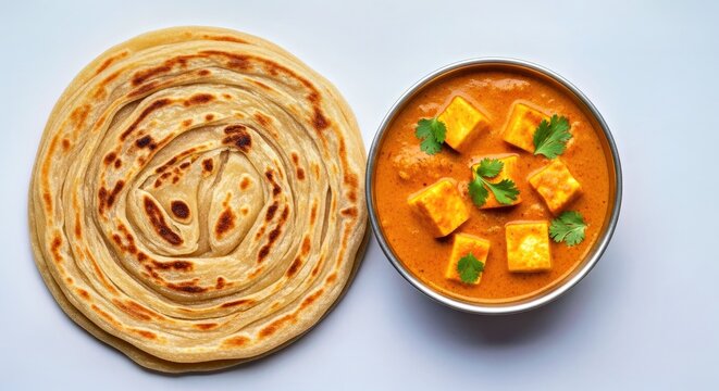 Homemade Kerala Wheat Paratha Layered Parotta Paneer Curry Top View Meal