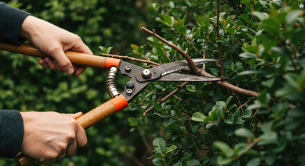 Obraz premium Hands pruning tree branches with orange garden shears. Gardener trimming plant with professional pruning tools. Spring gardening and tree care concept