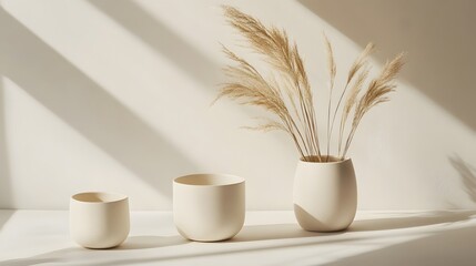 Three light beige ceramic pots with dried pampas grass.