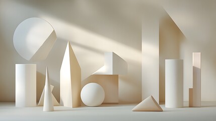 Geometric shapes arranged in a light-filled room.