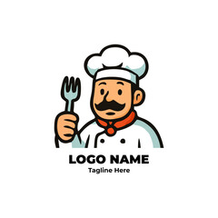 Culinary chef logo with cartoon character illustration food icon vector design for restaurant kitchen branding bakery cooking school identity gourmet business chef mascot character