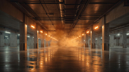 Smoke filling empty underground parking garage at night