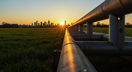Industrial gas pipeline with city skyline at golden sunset. Metal pipe infrastructure leading to urban buildings with orange sky background. Energy transportation concept. Industrial services