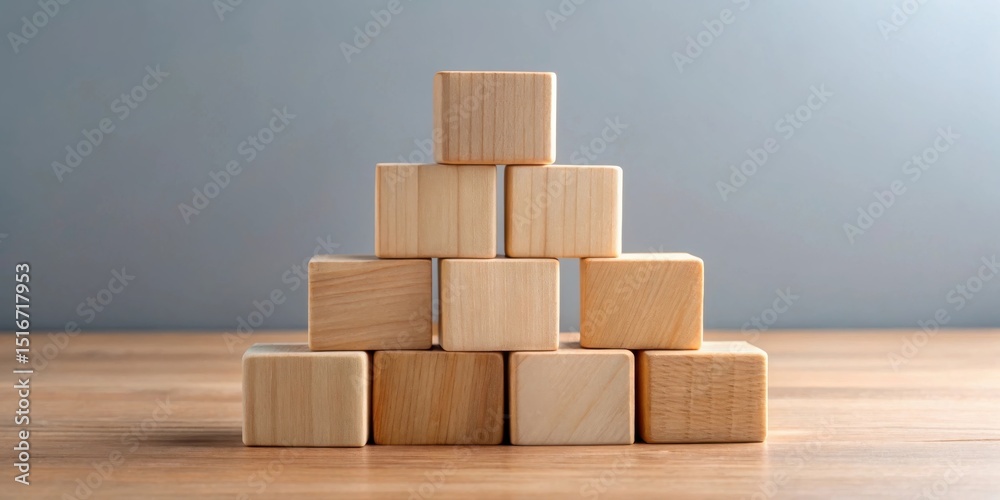 Poster wooden blocks arranged in a pyramid shape on a table against a neutral background, symbolizing growt
