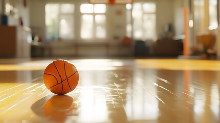 Orange basketball on a polished wooden floor.