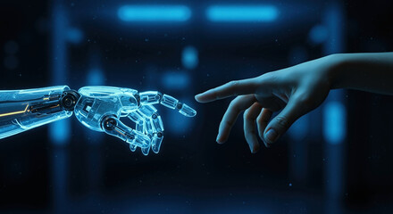 Robot hand touching human finger in futuristic connection scene. Artificial intelligence meeting humanity with glowing blue technology background. AI collaboration. Tech services, automation solutions
