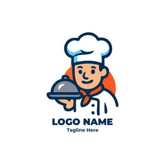 Chef logo with happy cartoon chef character for gourmet food restaurant kitchen identity culinary branding vector icon illustration design perfect for bakery cooking class or diner menu