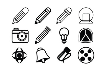 Collection of Simple Black and White Icons Pencils, Camera, Lightbulb, Film Reel, and More