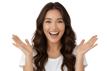 Brunette woman with open arms and big smile posing in front of the camera on transparent background