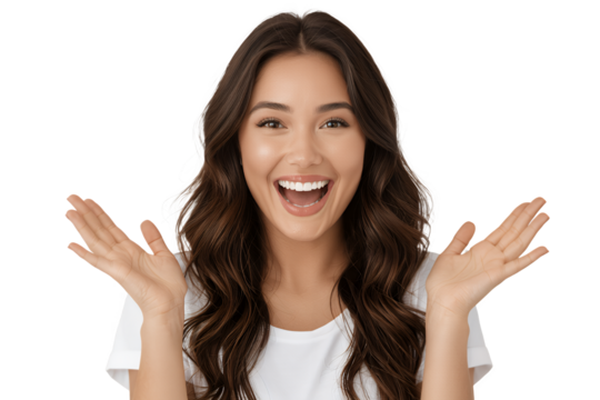 Brunette woman with open arms and big smile posing in front of the camera on transparent background