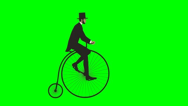  Vintage gentleman in a top hat riding an antique bicycle with a huge front wheel, chromakey, footage, mockup, green screen, loop, cartoon style