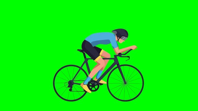 Male athlete riding racing bike in helmet,  chromakey, footage, mockup, green screen, loop, cartoon style